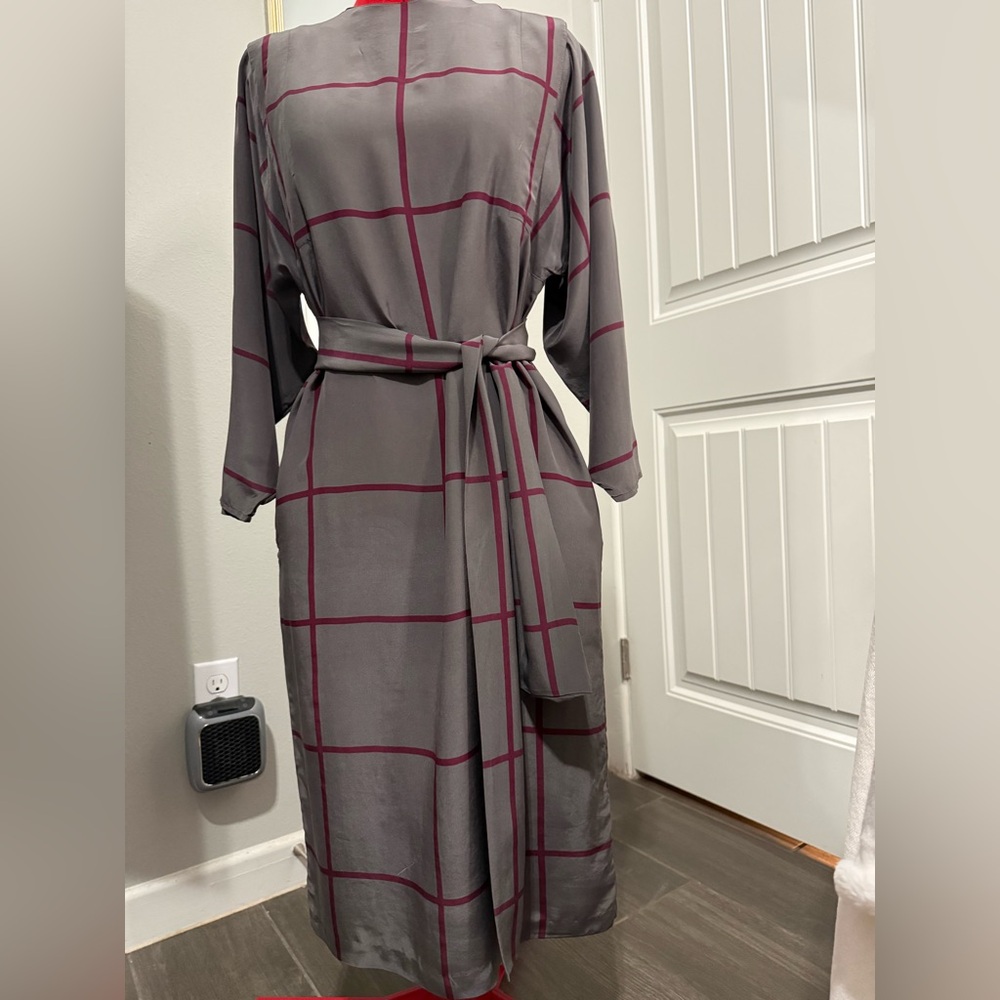 80s Belted 100% Silk Dress Gray and Burgundy windowpane check Dress Size 7/8